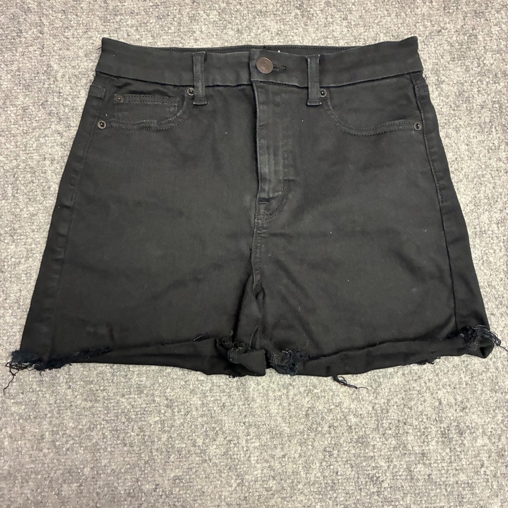 American Eagle Curvy Hi Rise Shortie Shorts Womens 6 Black Raw Hem Stretch
